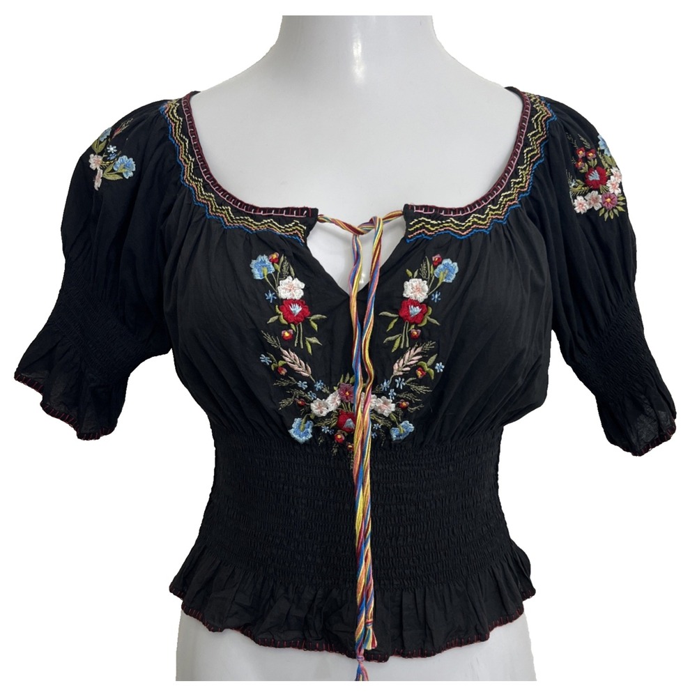 Vintage Betsey Johnson Black Peasant Blouse Sz. 4 Embroidered Bella Swan Tie